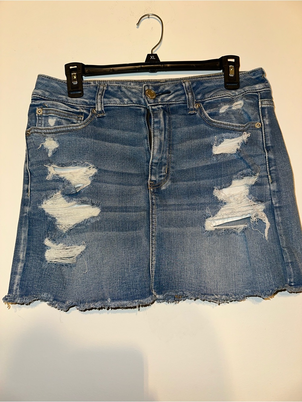 American Eagle Outfitters Distressed Light Blue Denim Mini Skirt